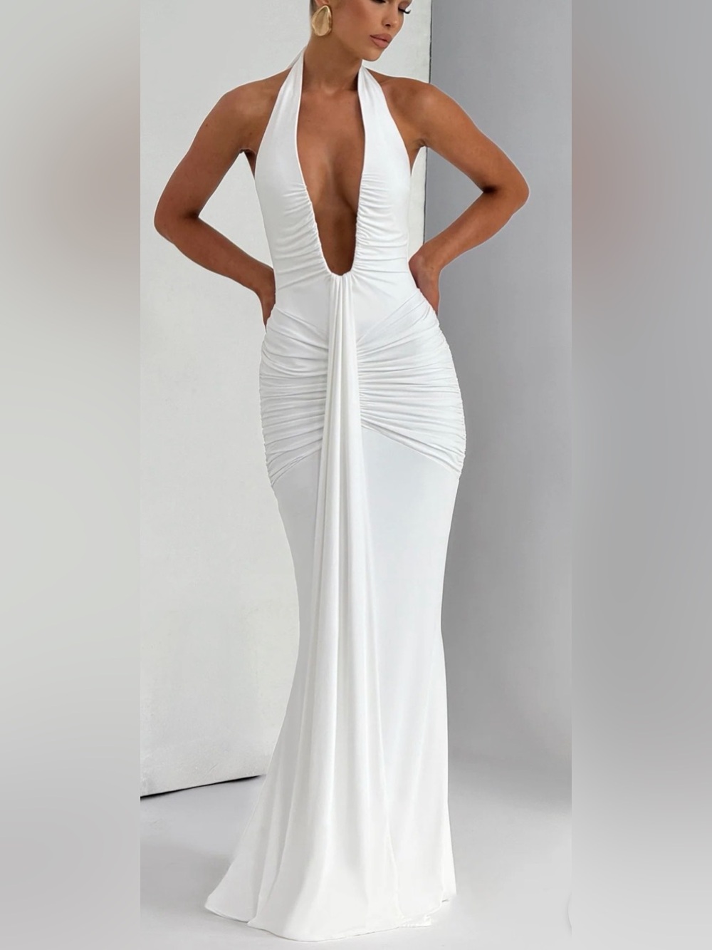 Babyboo Rosetta White Halter Plunge Ruched Maxi Formal Evening Dress NWT - Picture 3 of 6